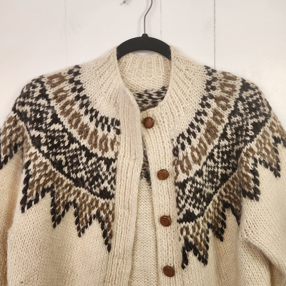 Vintage Wool Fair Isle Sweater Nordic Oversized Cardigan Boho Cabin Winter Large - Picture 2 of 9